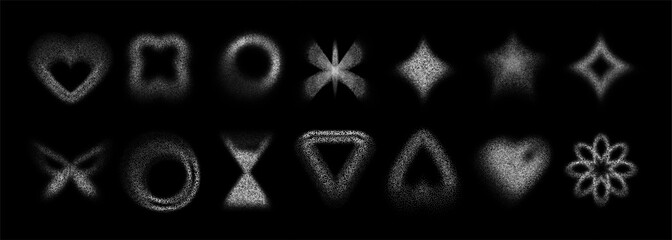 Poster - Noise shape y2k dotted icons set - heart and butterfly, circles and triangles, stars and hourglass. Grainy sand spray distressed grunge dusty speckled stipple textures form abstract fuzzy elements.