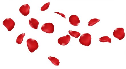 Poster - Scattered red rose petals on a white background creating a sense of elegance and delicate beauty