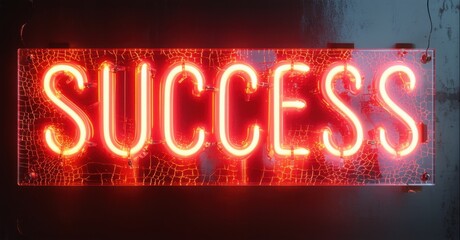 Aufkleber - Bright neon sign spells success. Cracked glass adds dramatic effect, red glow dominates dark background. Positive message.