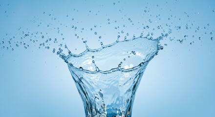 Poster - A dynamic water splash with droplets suspended in air against a light blue gradient background image