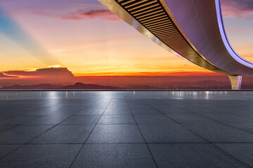 Wall Mural - empty square platform and bridge with beautiful sky clouds at sunset
