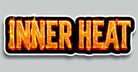 Fototapete - Fiery text reads Inner Heat. Bold lettering glows with orange, red flames. Black outline surrounds white background. Dramatic visual impact.