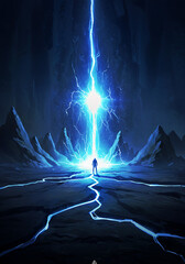 Wall Mural - lightning in the night, epic volcanic energy explosion with hero silhouette in alien landscape – cin