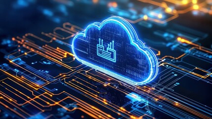 Poster - Futuristic blue cloud computing symbol on a digital circuit background.