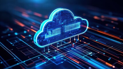 Poster - Futuristic cloud computing illustration with digital circuits and neon lights.