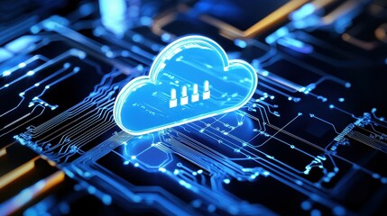 Poster - Futuristic blue cloud computing technology with circuit pattern.