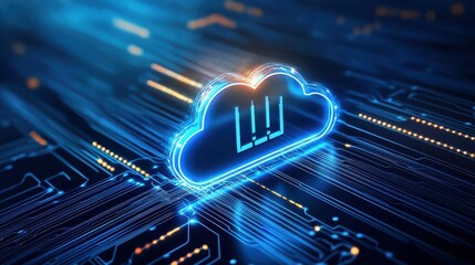Poster - Stylized cloud computing symbol with glowing circuitry and digital effects.