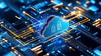Poster - Digital cloud with security icons on a circuit board background, symbolizing data protection.