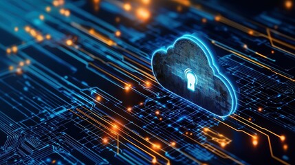 Poster - A glowing cloud icon with a lock symbol, representing digital security in a tech landscape.