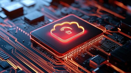 Poster - Close-up of a glowing cloud symbol on a circuit board, symbolizing cloud technology.