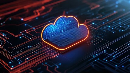 Poster - Futuristic cloud storage symbol on a digital circuit background in vibrant colors.