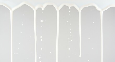Poster - Close up of white liquid dripping down against a light gray background with visible small droplets