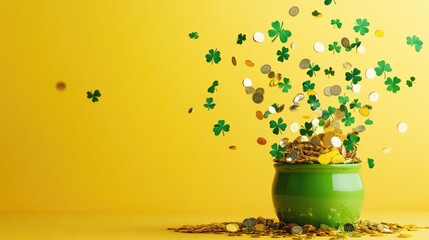 Poster - A flat lay of St. Patrick's Day decor with shamrocks, gold coins, and confetti flying out of a pot on a yellow background, perfect for holiday promotions.