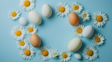 Poster - A flat-lay top view photograph of vibrant eggs and spring daisies on a gentle blue backdrop, with an open circle for festive greetings or advertisements.