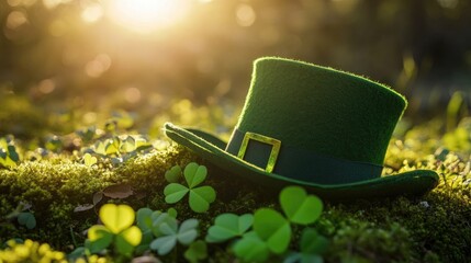 Poster - A green leprechaun hat nestled among clover and moss, illuminated by sunlight, capturing the essence of Irish culture and festive spirit.