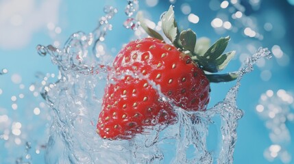 Poster - A juicy red strawberry plunging into clear water, creating a dynamic splash, symbolizing freshness and an energetic, vibrant scene.