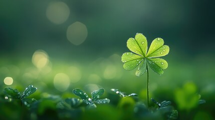 Poster - A macro shot of a fortunate trefoil against a soft-focus emerald pasture backdrop, embodying the essence of St. Patrick's Day celebrations and Irish traditions.