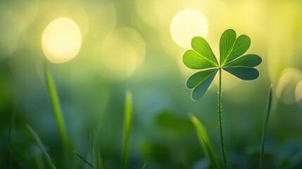 Poster - A macro shot of a fortunate trefoil against a soft-focus emerald pasture backdrop, embodying the essence of St. Patrick's Day celebrations and Irish traditions.