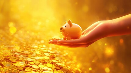 Poster - A hand gently guiding a piggy bank down a golden coin trail, representing steady savings growth and financial planning for future wealth.