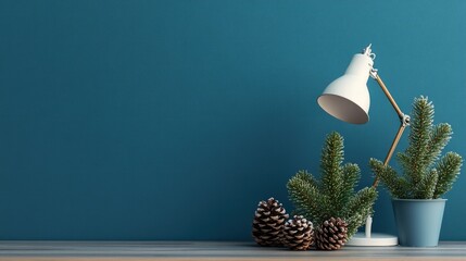 Poster - A minimalist Scandinavian workspace featuring a desk lamp, small pine trees, and pine cones, arranged on a blue background to create a cozy, winter vibe.