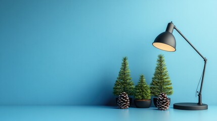 Poster - A minimalist Scandinavian workspace featuring a desk lamp, small pine trees, and pine cones, arranged on a blue background to create a cozy, winter vibe.