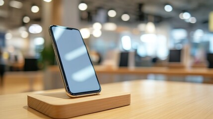 Poster - A modern smartphone displayed prominently on a wooden surface in a vibrant retail setting, emphasizing its sleek design and advanced features.