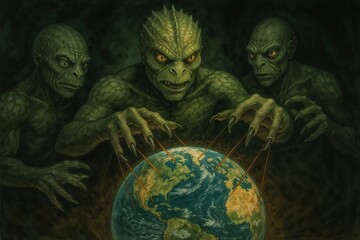 illustration extraterrestrial reptilians attacking and controlling planet earth