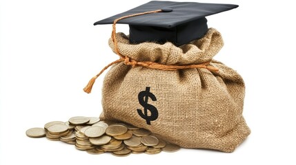 Poster - A money bag filled with coins, accompanied by a student graduation cap, symbolizing saving for tuition, scholarships, and career development.