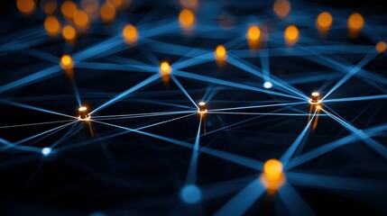 Fototapete - Abstract blue and orange network design with glowing nodes and connections.
