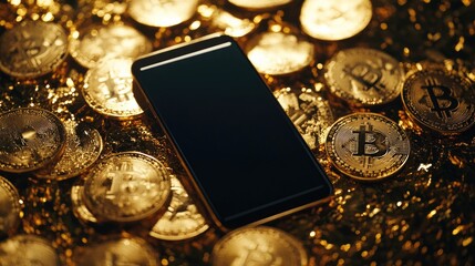 Poster - A smartphone displayed prominently with golden cryptocurrency coins surrounding it, showcasing the digital wealth and potential of the cryptocurrency market.