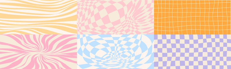 Poster - Groovy wave pattern set - psychedelic spiral vortex, checkered grid, striped sunburst background. Optical illusion prints with hypnotic, distorted effects. Funky 60s style retro graphics collection.