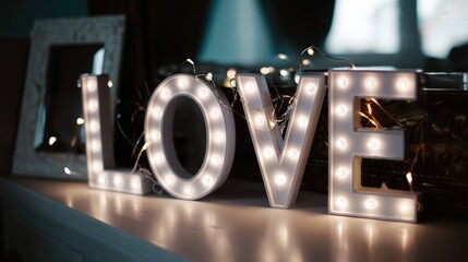 Poster - Beautifully designed lightbox sign reading love elegantly decorated with twinkling fairy lights on a modern table