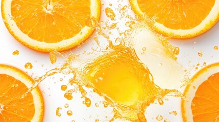 Poster - Fresh orange slices splashing into a pool of bright orange juice on a clean white backdrop, symbolizing energy and vitality.