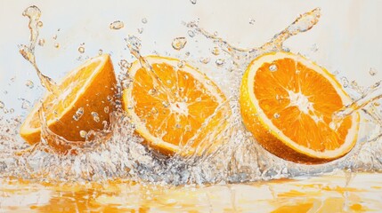 Poster - Fresh orange slices splashing into a pool of bright orange juice on a clean white backdrop, symbolizing energy and vitality.