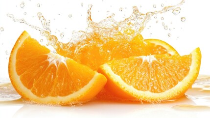 Poster - Juicy orange slices splashing into vibrant orange juice, isolated on a white background, capturing the freshness and energy of citrus fruit.