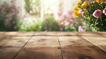 Poster - Rustic elegance captured in a photo of an empty wooden tabletop, ideal for product displays, with vibrant flowers in the blurred background, embodying the essence of Easter traditions.