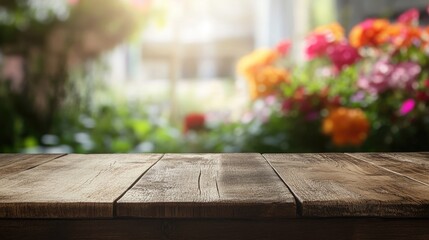 Poster - Rustic elegance captured in a photo of an empty wooden tabletop, ideal for product displays, with vibrant flowers in the blurred background, embodying the essence of Easter traditions.