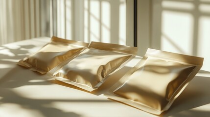 Poster - Soft sunlight illuminates neutral-colored packaging pouches arranged on a surface, creating a clean, natural look with subtle shadows for a contemporary vibe.