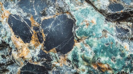 Poster - Textured close-up of rough mountain rock with dark blue, emerald green, and moss, highlighting the natural beauty and rugged terrain of the environment.