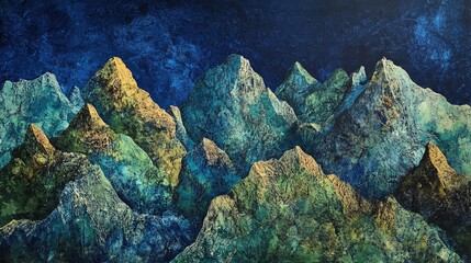 Poster - Textured close-up of rough mountain rock with dark blue, emerald green, and moss, highlighting the natural beauty and rugged terrain of the environment.