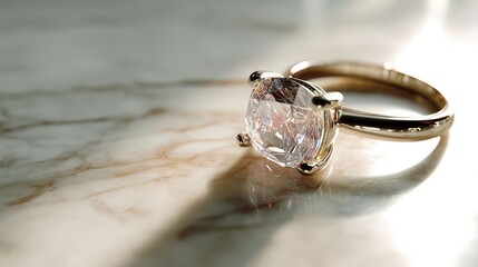 Poster - Exquisite diamond resting elegantly on a polished marble surface illuminated by a soft spotlight for enhanced beauty