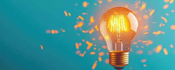 Poster - Explosion of lightbulb with creative invention impact concept. Illuminated light bulb with sparks on a colorful background.