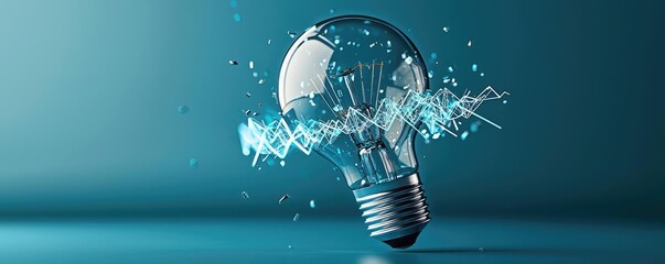 Poster - Explosion of lightbulb with creative invention impact concept. Illuminating light bulb with dynamic energy and splash effects.