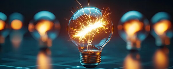 Poster - Explosion of lightbulb in electric high-speed burst concept. A glowing light bulb symbolizing innovation and creativity.