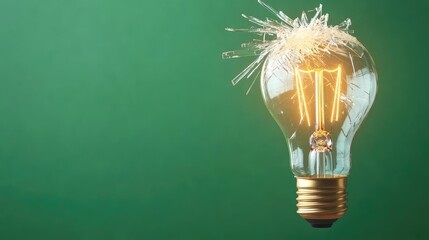 Aufkleber - Explosion of lightbulb showing filament and invention concept. A glowing light bulb sparking with creativity on a green background.