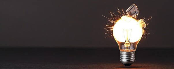 Aufkleber - Explosion of lightbulb in electric high-speed burst concept. Dynamic light bulb emitting sparks, symbolizing innovation and ideas.