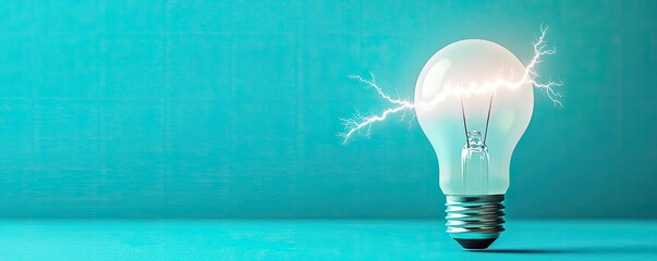 Aufkleber - Explosion of lightbulb with creative invention impact concept. Illuminated light bulb with electric sparks on teal background.