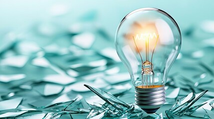 Aufkleber - Explosion of lightbulb showing filament and invention concept. A glowing light bulb on shattered glass, symbolizing innovation.