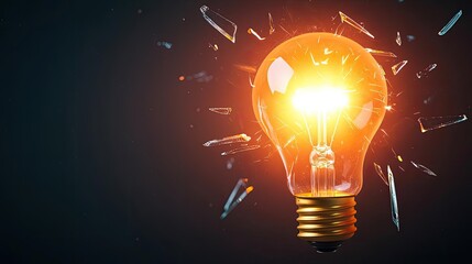 Poster - Explosion of lightbulb showing filament and invention concept. Bright light bulb shattering with sparks flying in dark background.
