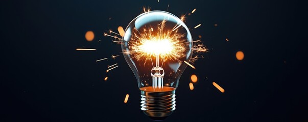 Poster - Explosion of lightbulb showing filament and invention concept. A glowing light bulb illuminating with sparks, symbolizing ideas.